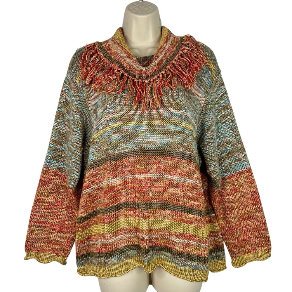 FIA Italy Handloomed Fringe Cowl Neck Boho Knit Sweater Multicolor Artisan